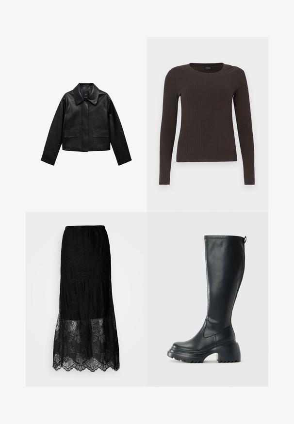 Svart kort läderjacka med krage, knappstängning framtill och två stora fickor med klaff. Slät textur och strukturerad form.; Brun långärmad ribbad topp med rundad halsringning. Tillverkad av ett mjukt, elastiskt material, med en figurnära silhuett och minimala detaljer.; Svart maxi-kjol med en texturerad övre del och en spetsnederkant med blommönster och scallopade kanter. Elastisk midja.; Höga svarta läderstövlar med kraftig plattformssula och blockklack, med dragflik och strukturerat mönster på yttersulan.