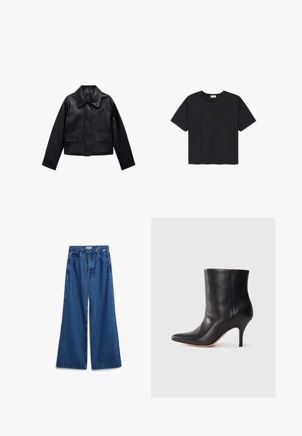 Chaqueta de cuero negra recortada con cuello, cierre frontal de botones y dos grandes bolsillos con solapa. Textura suave y forma estructurada.; Camiseta negra de manga corta hecha de algodón, con un cuello redondo y un dobladillo recto. Diseño simple y sin adornos.; Jeans de mezclilla azul de pierna ancha con cintura alta, diseño de cinco bolsillos y cierre de cremallera. Fabricados con una resistente mezcla de algodón con efecto deslavado.; Botín de cuero negro con punta afilada, tacón de aguja delgado y textura lisa. Diseño minimalista sin hardware o acentos visibles.