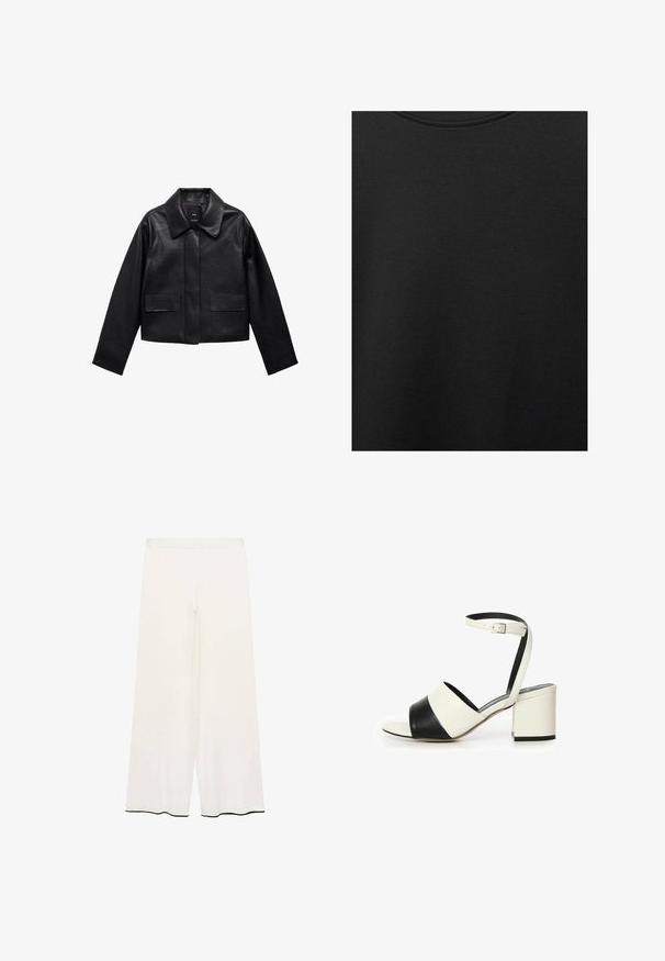 Zwart cropped leren jasje met een kraag, sluiting met voorste knopen en twee grote klepzakken. Vlotte textuur en gestructureerde vorm.; Zwarte katoen stof met een soepele textuur en een ronde halslijn, met een subtiele, gelijkmatige nerfpatroon. Geen zichtbare logo's of accenten.; Brede broek in crème stof met een gladde textuur. Voorzien van een schone tailleband en zwarte bies langs de zoom voor contrast.; Zwart-witte bicolor blokhak sandaal. Heeft een brede, afgeronde teenband, een enkelband met verstelbare gesp en een gestructureerde zool.
