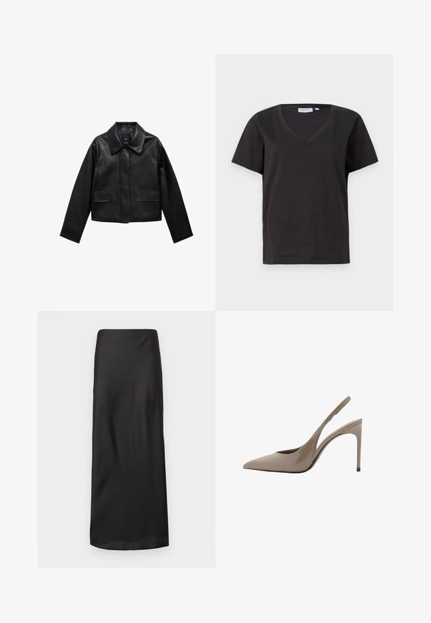Svart kort läderjacka med krage, knappstängning framtill och två stora fickor med klaff. Slät textur och strukturerad form.; Svart bomull T-shirt med V-urringning och korta ärmar. Enkelt design med en vanlig passform och inga mönster eller accenter.; Svart maxikjol tillverkad av slät, lättviktig tyg. Har en rak silhuett med elastisk midja och inga synliga mönster eller dekorationer.; Beiga patenterade läder sandletts med spetsig tå och slankt design, med en tunn hög klack och ett urtag på sidan.