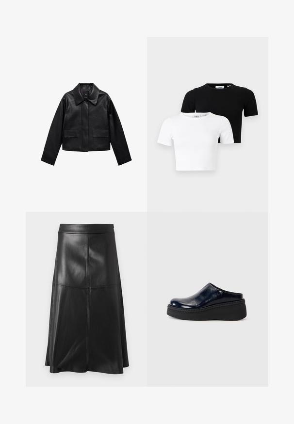 Sort cropped læderjakke med krave, frontlukning med knapper og to store flaplommer. Glat tekstur og struktureret form.; Sæt bestående af to kortærmede cropped t-shirts i sort og hvid, lavet af ribbet stof med rund halsudskæring og tætsiddende design.; Sort læder A-line nederdel med en glat tekstur, der har lodrette sømdetaljer og en talje. Kanten falder lige under knæet.; Marineblå patenteret læderklap med en glat overflade, der har en tyk sort platformssål og synlig syning langs bunden.