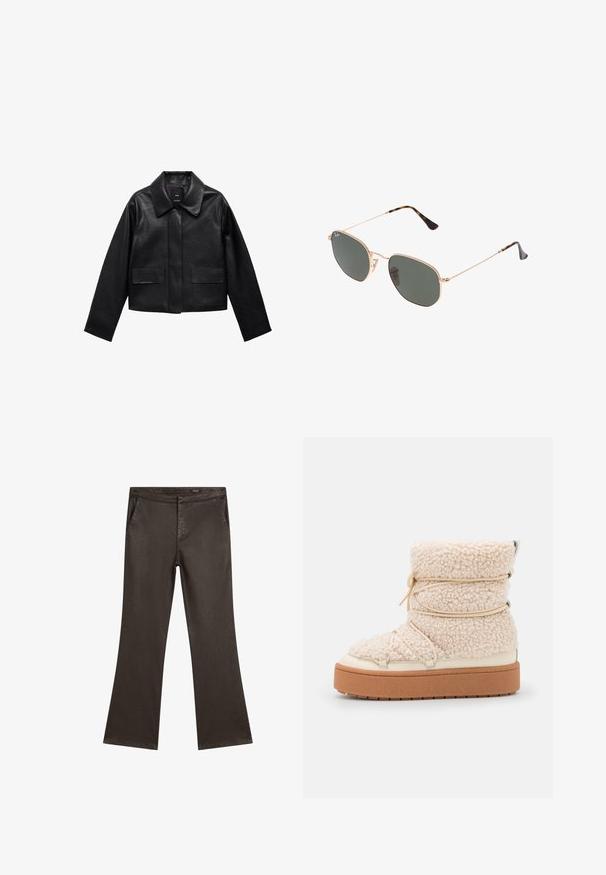 Zwart cropped leren jasje met een kraag, sluiting met voorste knopen en twee grote klepzakken. Vlotte textuur en gestructureerde vorm.; Witte t-shirt met korte mouwen, gemaakt van zachte katoen, met een ronde halsline en raglanmouwen. Het heeft een ontspannen, rechte snit en is zonder patronen.; Donkerbruine rechte broek met zijzakken en een tailleband, plat weergegeven op een witte achtergrond.; Chunky crème schapenvacht enkelboot met een textuurafwerking, elastische details en een dikke bruine platformzool. Voorzien van zilverkleurige hardware accenten.; Gouden metalen zonnebril met donkergroene lenzen, aviator-stijl, met slanke scharnieren en schildpad-accenten op de uiteinden.; Zwarte gewatteerde leren handtas met een kettingband en een decoratieve charme. Zachte textuur, gestructureerde vorm en een slouchy silhouet.