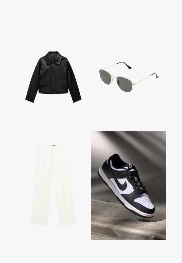 Black cropped leather jacket with a collar, front button closure, and two large flap pockets. Smooth texture and structured shape.; White short-sleeve t-shirt made of soft cotton with a round neckline and raglan sleeves, featuring a relaxed, straight cut without patterns.; White wide-leg trousers with a smooth fabric, featuring two front pockets and a flat front design. Clean lines and no visible patterns.; Black and white Nike Dunk Low sneaker with leather upper, perforated toe box, and black laces, featuring a white sole and logo accents.; Gold metal-frame sunglasses with dark green lenses, aviator style, featuring slim arms and tortoiseshell accents on the tips.