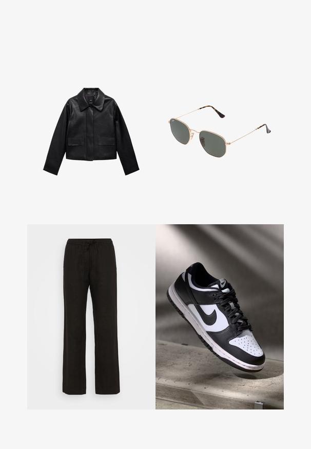 Czarna skórzana kurtka w kroju cropped z kołnierzem, z przodem zapinanym na guziki oraz dwoma dużymi kieszeniami z klapkami. Gładka faktura i zarysowany kształt.; Biała koszulka z krótkim rękawem wykonana z miękkiej bawełny, o okrągłym dekolcie i raglanowych rękawach, charakteryzująca się luźnym, prostym krojem bez wzorów.; Czarne lniane spodnie o luźnym kroju, z elastycznym pasem w talii i regulowanym sznurkiem. Gładka faktura i szerokie nogawki.; Czarno-białe sneakersy Nike Dunk Low z cholewką skórzaną, perforowanym noskiem i czarnymi sznurowadłami, z białą podeszwą i akcentami logo.; Złote okulary przeciwsłoneczne w stylu aviatora z ciemnozielonymi soczewkami, z wąskimi ramionami i akcentami w panterkę na końcach.; Czarna pikowana torebka skórzana z złotym łańcuszkiem i zapięciem na zamek. Ma wzór w romby, gładką teksturę i elegancki prostokątny kształt.
