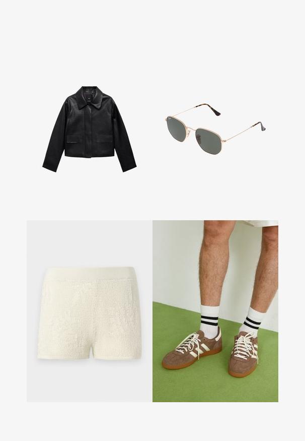Veste en cuir noire courte avec col, fermeture à boutons sur le devant et deux grandes poches à rabat. Texture lisse et forme structurée.; T-shirt blanc à manches courtes en coton doux, avec un col rond et des manches raglan, présentant une coupe droite et décontractée sans motifs.; Shorts tricotés en blanc cassé avec un motif texturé. Dotés d'une large ceinture élastique et d'une coupe ajustée.; Baskets en daim marron avec des accents et des lacets blancs. Semelle en caoutchouc gomme. Portées avec des chaussettes blanches à rayures noires. Sol texturé vert.; Lunettes de soleil en métal doré avec des verres vert foncé, de style aviateur, dotées de branches fines et d'accents en écaille de tortue sur les embouts.; Sac à main en cuir marron avec deux poignées robustes, de forme rectangulaire, texture lisse et fermeture zippée. Design minimaliste sans motifs visibles.