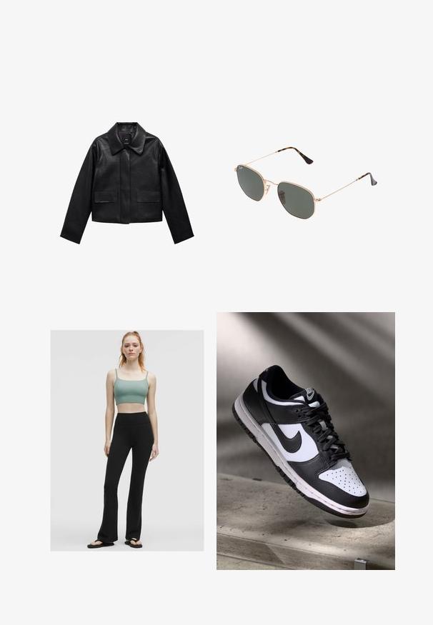 Sort cropped læderjakke med krave, frontlukning med knapper og to store flaplommer. Glat tekstur og struktureret form.; Hvid t-shirt med korte ærmer lavet af blødt bomuld, med rund halsudskæring og raglan ærmer, der har et afslappet, lige snit uden mønstre.; Grøn, ribbet crop top med tynde stropper, parret med højtaljede, sorte flared leggings og sorte flip-flops på en neutral baggrund.; Sorthvid Nike Dunk Low sneakers med læderoverdel, perforeret tåboks og sorte snørebånd, udstyret med en hvid sål og logo accenter.; Guldmetallisk brille med mørkegrønne linser, aviator-stil, med slanke arme og skildpadde-mønstrede detaljer på spidserne.