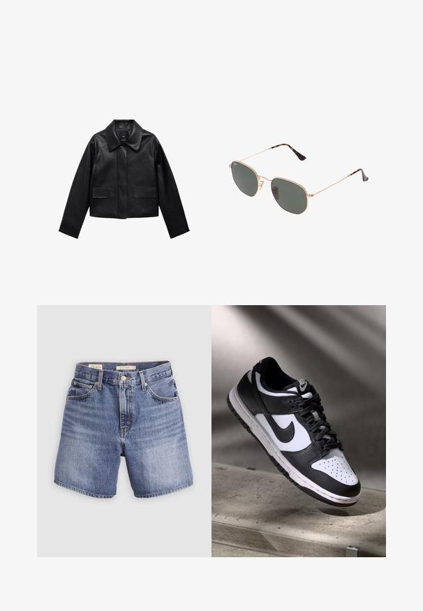 Schwarze, cropped Lederjacke mit Kragen, vorderem Knopfverschluss und zwei großen Klappentaschen. Glatte Textur und strukturierte Form.; Weißes, kurzärmliges T-Shirt aus weicher Baumwolle mit rundem Ausschnitt und Raglanärmeln, das einen lockeren, geraden Schnitt ohne Muster aufweist.; Denim-Shorts in hellblauer Waschung, mit hoher Taille, fünf Taschen, Reißverschluss und Knopfverschluss. Einfacher, klassischer Schnitt mit geraden Beinen.; Schwarz-weißer Nike Dunk Low Sneaker mit Lederobermaterial, perforiertem Zehenbereich und schwarzen Schnürsenkeln, ausgestattet mit einer weißen Sohle und Logo-Akzenten.; Goldfarbene Metallrahmen-Sonnenbrillen mit dunkelgrünen Gläsern im Pilotenstil, mit schlanken Bügeln und Schildpatt-Akzenten an den Spitzen.