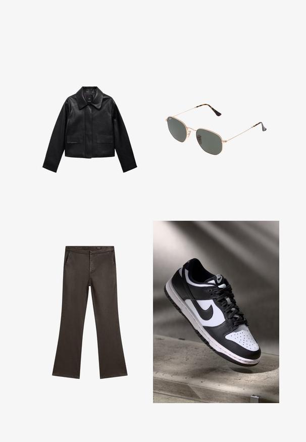 Giubbotto in pelle nera corto con colletto, chiusura frontale con bottoni e due grandi tasche a patta. Texture liscia e forma strutturata.; T-shirt bianca a maniche corte realizzata in cotone morbido, con colletto rotondo e maniche raglan, caratterizzata da un taglio rilassato e dritto senza motivi.; Pantaloni dritti marrone scuro con tasche laterali e vita, esposti piatti su uno sfondo bianco.; Sneaker Nike Dunk Low in bianco e nero con tomaia in pelle, punta perforata e lacci neri, caratterizzata da una suola bianca e dettagli del logo.; Occhiali da sole con montatura in metallo dorato e lenti verde scuro, stile aviator, con aste sottili e dettagli in tartaruga sulle punte.