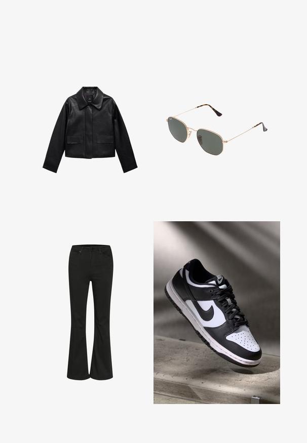 Veste en cuir noire courte avec col, fermeture à boutons sur le devant et deux grandes poches à rabat. Texture lisse et forme structurée.; T-shirt blanc à manches courtes en coton doux, avec un col rond et des manches raglan, présentant une coupe droite et décontractée sans motifs.; Jean évasé noir avec une texture lisse, présentant un design classique à cinq poches et une fermeture à bouton métallique. Confectionné pour une taille ajustée.; Sneaker Nike Dunk Low en noir et blanc avec tige en cuir, boîte à orteils perforée et lacets noirs, dotée d'une semelle blanche et d'accents de logo.; Lunettes de soleil en métal doré avec des verres vert foncé, de style aviateur, dotées de branches fines et d'accents en écaille de tortue sur les embouts.
