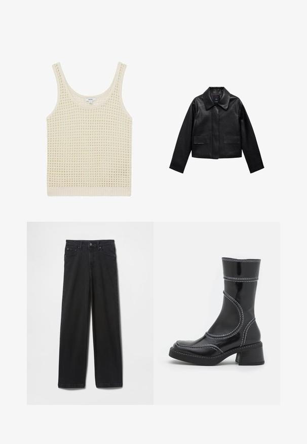 Giubbotto in pelle nera corto con colletto, chiusura frontale con bottoni e due grandi tasche a patta. Texture liscia e forma strutturata.; Canotta di colore crema con un motivo a maglia aperta e ampie spalline. Rifinita con un orlo a coste, che conferisce un aspetto testurizzato.; Jeans in denim nero dal design a gamba dritta, chiusura con bottone e cerniera, tasche anteriori e posteriori, e una texture liscia.; Stivale alla caviglia in pelle verniciata nera con cuciture bianche, punta arrotondata e tacco a blocco. Presenta linee di design curve e una texture liscia.