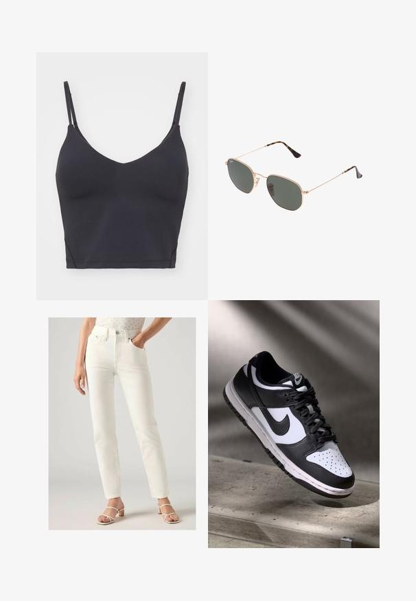 Zwart cropped leren jasje met een kraag, sluiting met voorste knopen en twee grote klepzakken. Vlotte textuur en gestructureerde vorm.; Zwarte naadloze bralette met dunne verstelbare bandjes, V-hals en een aangesloten ontwerp. Zacht, rekbaar materiaal zonder zichtbare hardware.; Witte high-waisted jeans met een rechte pasvorm, voorzien van voorzakken, een knoopsluiting en een gladde denimtextuur. Gekleed met lichte sandalen.; Zwart-witte Nike Dunk Low sneaker met een leren bovenwerk, geperforeerde neus, en zwarte veters, met een witte zool en logo-accenten.; Gouden metalen zonnebril met donkergroene lenzen, aviator-stijl, met slanke scharnieren en schildpad-accenten op de uiteinden.