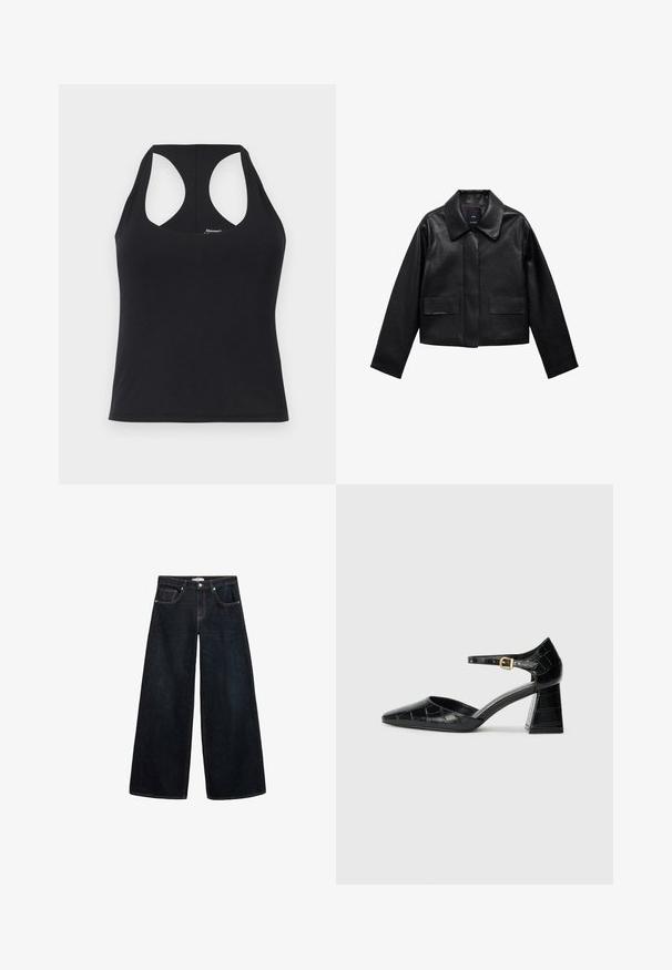 Schwarze, cropped Lederjacke mit Kragen, vorderem Knopfverschluss und zwei großen Klappentaschen. Glatte Textur und strukturierte Form.; Schwarzes Tanktop aus glattem, elastischem Stoff mit Rundhalsausschnitt und Racerback-Design. Verfügt über einen geraden Saum und minimale Markenkennzeichnung.; Weite, dunkelblaue Jeans mit hoch sitzendem Bund, kontrastierenden Nähten, Vorderentaschen und einem minimalistischen Design.; Schwarzer Lackleder-High-Heel-Schuh mit spitzem Zehenbereich, Knöchelriemen und strukturiertem Krokodil-Muster. Design mit quadratischem Blockabsatz.
