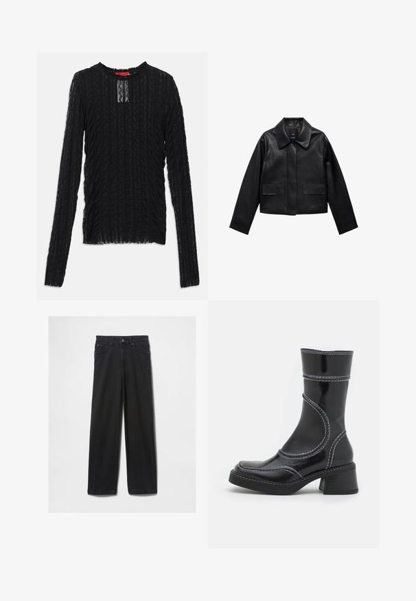 Crna skraćena kožna jakna s kragnom, prednjim kopčanjem na dugmad i dva velika džepa s preklopom. Glatka tekstura i oblik s jasnim linijama.; Crni dugi rukavić izrađen od strukturirane čipke, s okruglim izrezom, suptilnim pravokutnim izrezom i rebrastim uzorkom kroz cijelu površinu.; Crne traperice s ravnim nogavicama, sa pet džepova i zatvaranjem na patentni zatvarač, izrađene od gusta i izdržljivog materijala.; Crne lakirane gležnjače s bijelim šavovima, zaobljenim vrhom i blok petom. Imaju zakrivljene dizajnerske linije i glatku teksturu.
