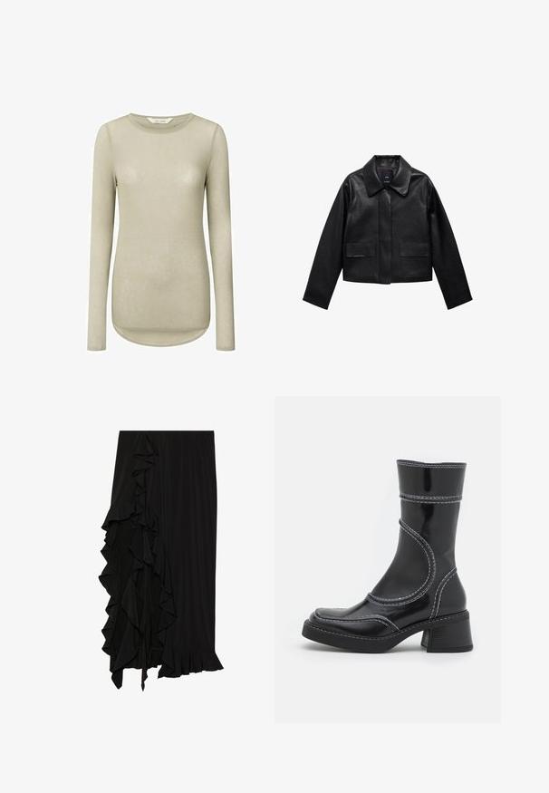 Zwart cropped leren jasje met een kraag, sluiting met voorste knopen en twee grote klepzakken. Vlotte textuur en gestructureerde vorm.; Licht beige langarmshirt met een ronde halslijn en een gebogen zoom. Gemaakt van zachte, gladde stof met minimale naden en zonder patronen.; Zwarte rok van zachte stof met een gerimpelde rand aan de linkerkant en een flonkerendezoom aan de onderkant, wat een vloeiende silhouette creëert.; Zwarte lakleren enkellaars met witte stiksels, ronde neus en blokhak. Kenmerkt zich door gebogen ontwerplijnen en een gladde textuur.