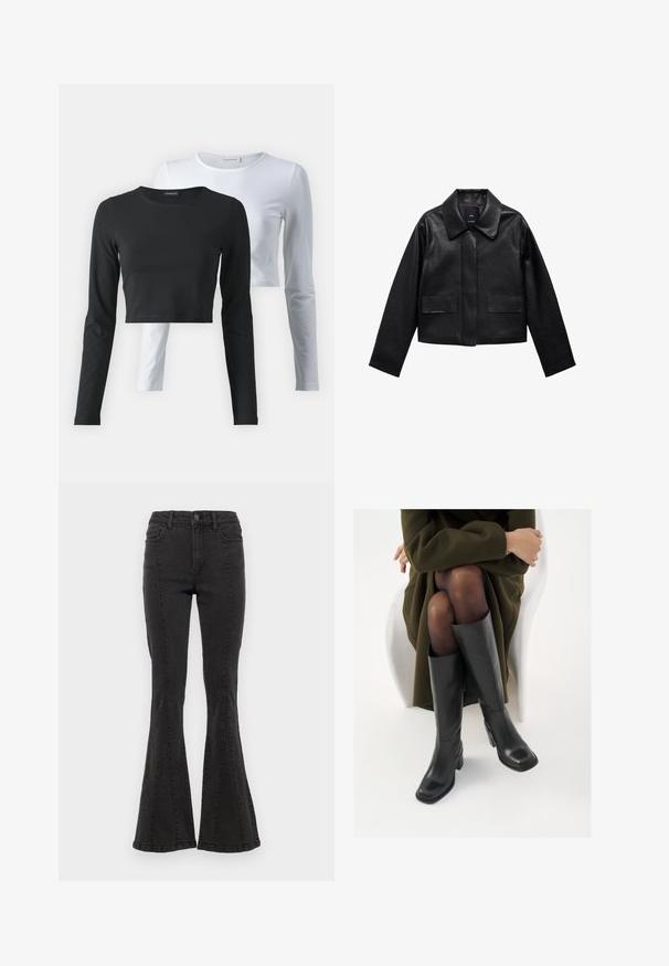 Črn skrajšan usnjen plašč s ovratnikom, sprednjim zapiranjem na gumb in dvema velikima žepoma s poklopcem. Gladka tekstura in strukturirana oblika.; Dva dolgih rokavov majic, ena črna in ena bela, narejeni iz mehkega bombažnega materiala, s okroglimi izrezi in skrajšano zasnovo.; Črne flare jeans hlače z visokim pasom, ki imajo stranske šive in čist zaključek na robu. Tkanina ima gladko teksturo z rahlo raztegljivostjo.; Črne usnjene čevlje do kolen s kvadratnim prstom in blok peto, prikazani na modelu, ki sedi v olivno zeleni plašču. Gladka tekstura, minimalne podrobnosti.