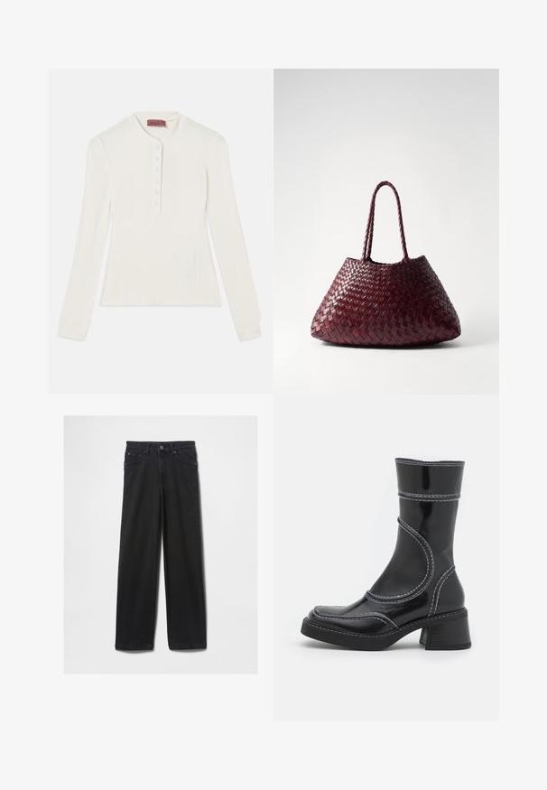 Musta lyhyt nahkatakki, jossa on kaulus, etupuolella napitus ja kaksi suurta läppätaskua. Sileä pinta ja muotoiltu rakenne.; Pitkähihaista valkoista ribbipaitaa, jossa on henley-tyylinen kaulus ja kuuden napin lista, mukautuvat hihansuut ja hieman kapeampi muoto.; Mustat farkut suoraa lahkeetta, joissa on viisi taskua ja vetoketjukiinnitys, valmistettu paksusta ja kestävästä kankaasta.; Musta lakattu nahkasaapas nilkkamallissa, jossa on valkoiset ompeleet, pyöreä kärki ja lohkarekorko. Ominaisuuksiin kuuluvat kaarevat muotoilulinjat ja sileä pinta.; DRAGON DIFFUSION SANTA CROCE BIG - Käsilaukku - bordo