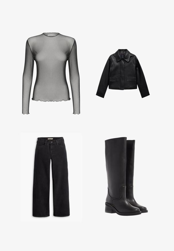 Črn skrajšan usnjen plašč s ovratnikom, sprednjim zapiranjem na gumb in dvema velikima žepoma s poklopcem. Gladka tekstura in strukturirana oblika.; Mrežasta majica z dolgimi rokavi iz prosojnega črnega materiala z okroglim ovratnikom in valovitimi robovi; ima gladko teksturo in lahkotno zasnovo.; Črne široke jeans hlače iz denima. Imajo visok pas, sprednje žepke in zadrgo z gumbom za zapiranje. Gladka tekstura.; Črne usnjene škornje do kolen z gladko teksturo, zaokroženim prstom in robustnim petnim delom. Imajo diskretne šive in poenoteno zasnovo.