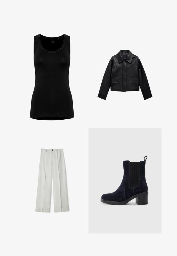 Crna skraćena kožna jakna s kragnom, prednjim kopčanjem na dugmad i dva velika džepa s preklopom. Glatka tekstura i oblik s jasnim linijama.; Crna bezrukavna majica od mekog, rastezljivog materijala. Ima okrugli izrez i minimalistički dizajn bez vidljivih oznaka.; Svijetlosive hlače širokih nogavica napravljene od teksturirane tkanine, s kopčanjem na dugme i dva nabora sprijeda za dodatni detalj.; Tamno plavi antilop čizmi do gležnja s elastičnom bočnom panelom, zaobljenim vrhom i blok petom. Teksturni materijal i glatka đon dodaju kontrast.