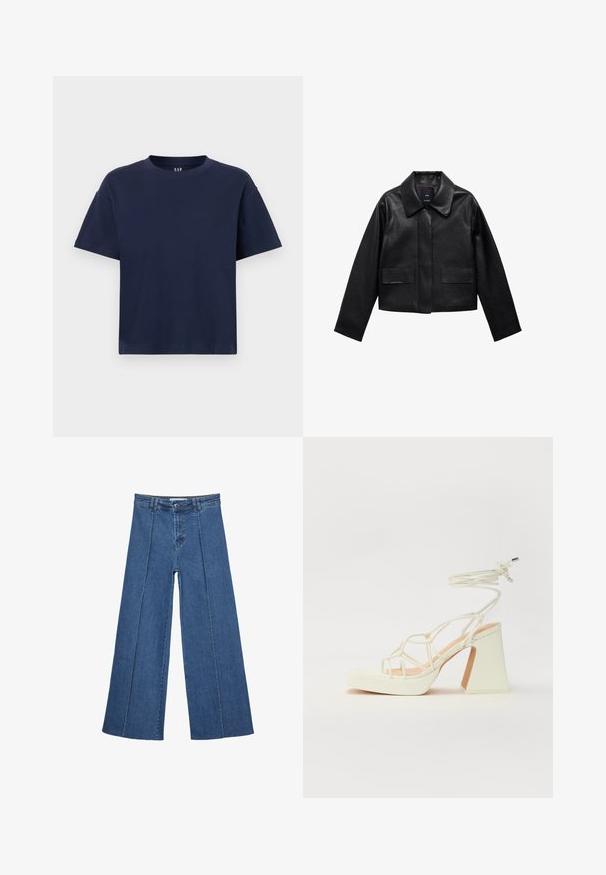 Crna skraćena kožna jakna s kragnom, prednjim kopčanjem na dugmad i dva velika džepa s preklopom. Glatka tekstura i oblik s jasnim linijama.; Tamno plava pamučna majica s okruglim izrezom i kratkim rukavima, sa ležernim krojem i minimalističkim dizajnom. Bez uzoraka ili akcenata.; Široke traperice u srednje plavoj boji, s visokim strukom, zatvaranjem na dugme i kontrastnim vertikalnim šavovima duž prednje strane.; Bijela sandala na visokoj potpetici s debelim petom, s remenom i vezanjem oko gležnja. Glatka tekstura s platformom sprijeda za dodatnu visinu.