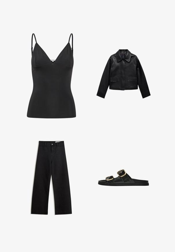 Zwart cropped leren jasje met een kraag, sluiting met voorste knopen en twee grote klepzakken. Vlotte textuur en gestructureerde vorm.; Zwarte, getailleerde camisole met verstelbare dunne spaghettibandjes, V-hals, naadloos ontwerp en een zachte textuur. Gemaakt van een zachte, rekbare stof.; Zwarte denim broek met wijde pijpen en een hoge taille, voorzien van voor- en achterzakken, gestikte naden en een knoopsluiting. Gladde textuur.; Zwarte slipper met twee gouden gesps, gladde textuur, platte zool en een minimalistisch ontwerp.