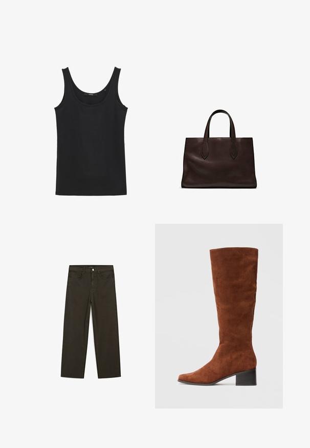 Zwart cropped leren jasje met een kraag, sluiting met voorste knopen en twee grote klepzakken. Vlotte textuur en gestructureerde vorm.; Zwarte mouwloze tanktop van zachte stof, met een ronde halslijn en een rechte zoom, zonder extra patronen of versieringen.; Donkergroene wijde jeans van een katoenmix, met een sluiting met een voorste knop, vijf zakken en klassieke denimstiksels.; Bruine suède kniehoge laars met een vierkante neus en een blokhak. De schacht is glad en strak zonder extra versieringen.; Bruine leren tote bag met twee verlengde handvatten, gestructureerde rechthoekige vorm, gladde textuur en subtiele stiksels.