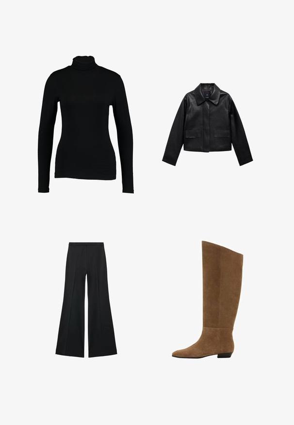 Schwarze, cropped Lederjacke mit Kragen, vorderem Knopfverschluss und zwei großen Klappentaschen. Glatte Textur und strukturierte Form.; Schwarzes Langarm-Turtleneck-Top aus glattem Stoff, mit taillierter Passform und hohem Kragen, geeignet zum Layering oder als eigenständiges Kleidungsstück.; Schwarze weit geschnittene Hose mit glatter Textur, ausgestattet mit Frontfalten und einem taillierten Design. Der Stoff ist leicht und fließend.; Brauner Wildleder-Stiefel bis zum Knie mit spitzem Zeh, flachem Absatz, glatter Textur und einem schlichten, eleganten Design. Keine sichtbaren Beschläge oder Verzierungen.