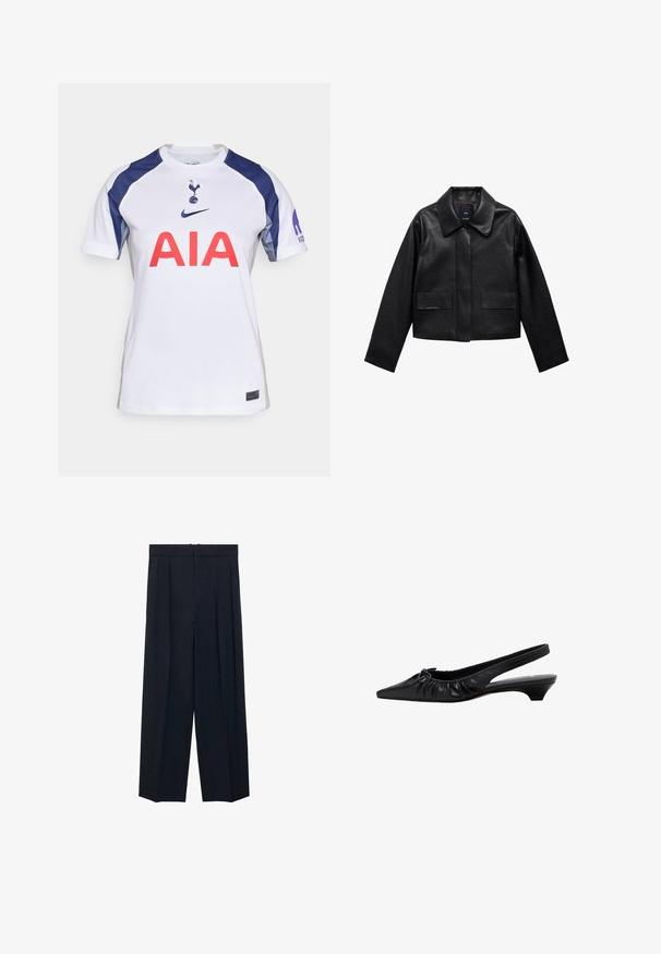 Jachetă din piele neagră, scurtă, cu guler, închidere cu buton în față și două buzunare mari cu clapetă. Textură netedă și formă bine definită.; Tricou de fotbal alb cu mânecă scurtă și accente de bleumarin, cu guler rotund, un mare logo roșu "AIA" și emblema echipei pe piept.; Pantaloni largi de marin cu pliuri frontale, talie plată și fără accesorii vizibile. Confectionați dintr-un material neted cu o textură subtilă.; Pantofii slingback din piele neagră, cu vârf ascuțit, detalii gathered și toc mic. Textură netedă și design minimal.