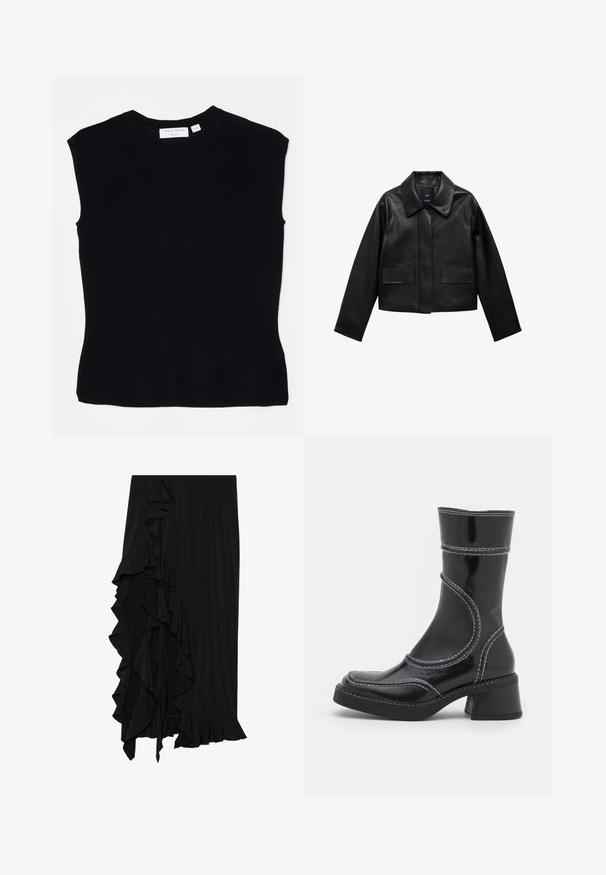 Črn skrajšan usnjen plašč s ovratnikom, sprednjim zapiranjem na gumb in dvema velikima žepoma s poklopcem. Gladka tekstura in strukturirana oblika.; Črna brezrokavna majica iz pletenine, z okroglo ovratnico in prilegajočim krojem z gladko teksturo. Oznaka na hrbtni strani.; Črna krila iz mehke tkanine z nabranim detajlom po levi strani in valovitim robom na dnu, ki ustvarja tekočo silhueto.; Črne lakirane gležnjarje z belim šivom, okroglo konico in blok peto. Imajo ukrivljene oblikovne črte in gladko teksturo.