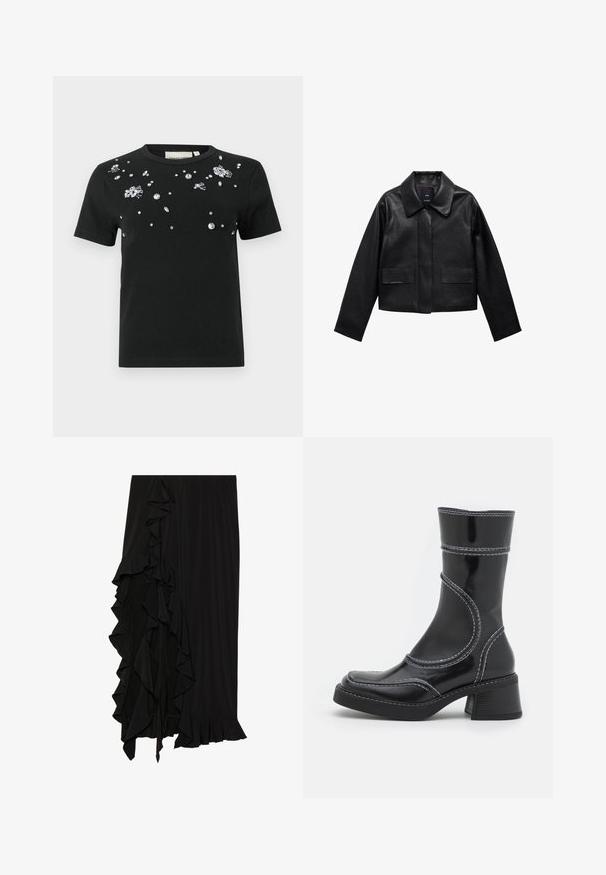 Zwart cropped leren jasje met een kraag, sluiting met voorste knopen en twee grote klepzakken. Vlotte textuur en gestructureerde vorm.; Zwarte t-shirt met korte mouwen, versierd met verspreide heldere strassteentjes en embellissements over de voorkant. Gemaakt van zachte, flexibele stof.; Zwarte rok van zachte stof met een gerimpelde rand aan de linkerkant en een flonkerendezoom aan de onderkant, wat een vloeiende silhouette creëert.; Zwarte lakleren enkellaars met witte stiksels, ronde neus en blokhak. Kenmerkt zich door gebogen ontwerplijnen en een gladde textuur.