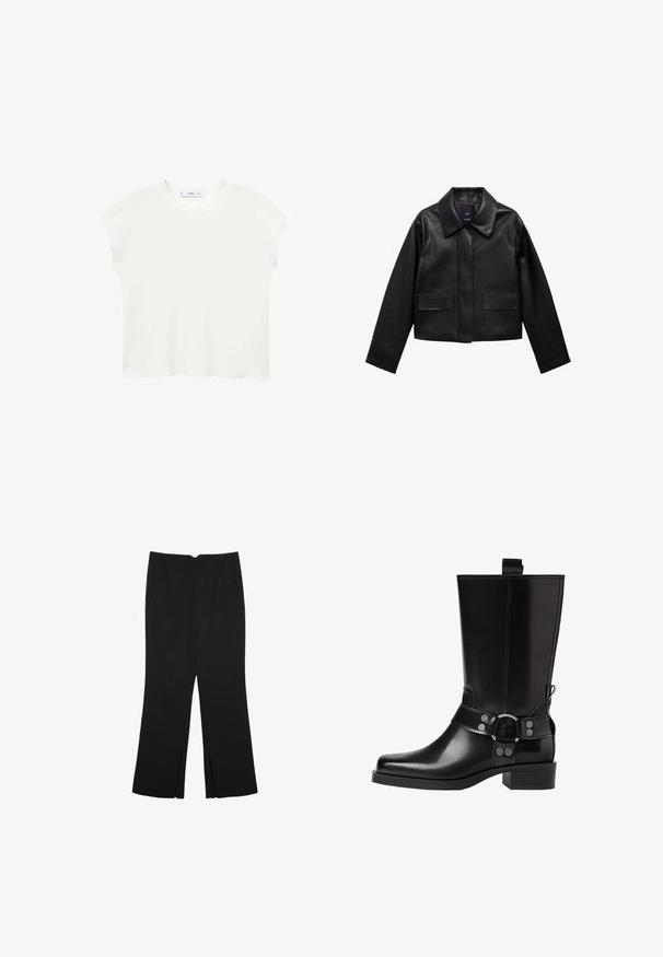 Sort cropped læderjakke med krave, frontlukning med knapper og to store flaplommer. Glat tekstur og struktureret form.; Hvid kortærmet t-shirt med rund halsudskæring, blød tekstur og en afslappet pasform. Let buet kant forneden tilføjer et afslappet præg.; Sorte bukser med lige pasform, der har frontlommer og slidser i kanten. Lavet af blødt, glat stof. Velegnet til forskellige anledninger.; Sort læderknæhøj støvle med spids tå, sølv spænde detaljer og en robust hæl. Har en trækflap for nem påtagning.