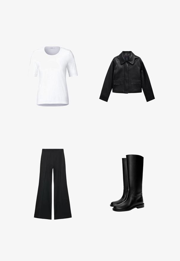 Giubbotto in pelle nera corto con colletto, chiusura frontale con bottoni e due grandi tasche a patta. Texture liscia e forma strutturata.; T-shirt bianca a girocollo con maniche corte, realizzata in cotone morbido. Tessuto liscio, design semplice e orlo dritto. Etichetta del marchio visibile.; Pantaloni neri a gamba larga con una texture liscia, caratterizzati da pieghe frontali e un design sartoriale. Il tessuto è leggero e fluido.; Stivali in pelle neri fino al ginocchio con una texture liscia, punta rotonda, suola piatta e design minimalista, caratterizzati da cuciture a vista e senza hardware visibile.