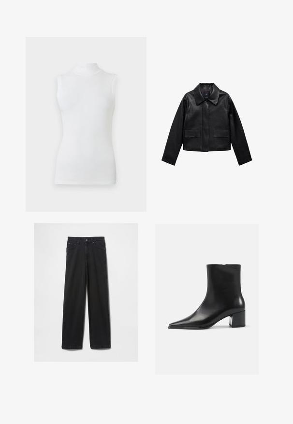 Musta lyhyt nahkatakki, jossa on kaulus, etupuolella napitus ja kaksi suurta läppätaskua. Sileä pinta ja muotoiltu rakenne.; Hihaton valkoinen mock neck -paita, jossa on tiukka muoto ja sileä kangas vaaleaa taustaa vasten.; Mustat farkut suoraa lahkeetta, joissa on viisi taskua ja vetoketjukiinnitys, valmistettu paksusta ja kestävästä kankaasta.; Musta nahkainen nilkkabotti, jossa on terävä kärki, sileä pinta ja keskikokoinen tukijalka. Minimalistinen muotoilu, vetoketjusuljin takana.