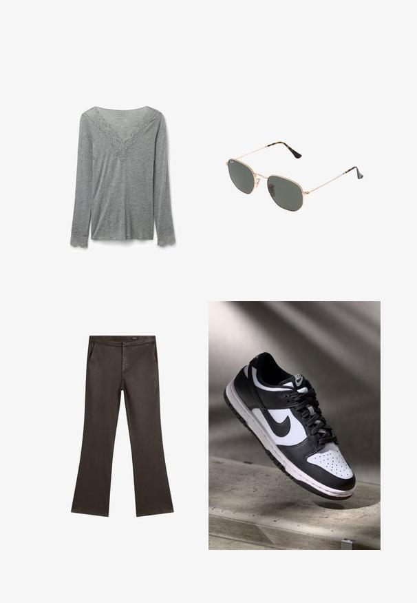 Czarna skórzana kurtka w kroju cropped z kołnierzem, z przodem zapinanym na guziki oraz dwoma dużymi kieszeniami z klapkami. Gładka faktura i zarysowany kształt.; Szary long-sleeve top wykonany z miękkiego materiału, z dekoltem w kształcie litery V, ozdobiony misterną koronką oraz koronkowymi akcentami na rękawach.; Ciemnobrązowe spodnie o prostym kroju z bocznymi kieszeniami i paskiem w talii, wyłożone na białym tle.; Czarno-białe sneakersy Nike Dunk Low z cholewką skórzaną, perforowanym noskiem i czarnymi sznurowadłami, z białą podeszwą i akcentami logo.; Złote okulary przeciwsłoneczne w stylu aviatora z ciemnozielonymi soczewkami, z wąskimi ramionami i akcentami w panterkę na końcach.; Czarna pikowana torebka skórzana z złotym łańcuszkiem i zapięciem na zamek. Ma wzór w romby, gładką teksturę i elegancki prostokątny kształt.