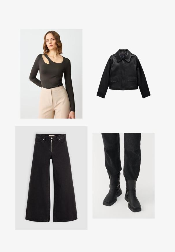 Czarna skórzana kurtka w kroju cropped z kołnierzem, z przodem zapinanym na guziki oraz dwoma dużymi kieszeniami z klapkami. Gładka faktura i zarysowany kształt.; Ciemnooliwkowa bluzka z długim rękawem z unikalnym wycięciem na jednym ramieniu, gładki materiał i dopasowany krój, w połączeniu z beżowymi spodniami z wysokim stanem.; Jeans o szerokich nogawkach w czarnym denienie z zamkiem błyskawicznym z przodu, pięcioma kieszeniami i subtelnymi detalami przeszycia. Gładka tekstura i swobodny styl.; Czarne skórzane botki za kostkę z kwadratowym noskiem, z szerokim paskiem i metalowym zapięciem. Botki mają masywną podeszwę i gładką fakturę.