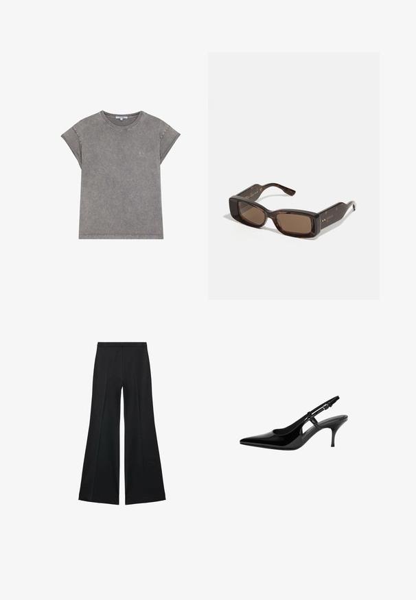 Musta lyhyt nahkatakki, jossa on kaulus, etupuolella napitus ja kaksi suurta läppätaskua. Sileä pinta ja muotoiltu rakenne.; Harmaa puuvillapaita, jossa on pyöreä kaula-aukko, käännetyt lyhyet hihat ja hienovaraisesti brodeerattu logo rinnassa. Pehmeä rakenne ja rento istuvuus.; Mustat leveälahkeiset housut, joissa on sileä pinta, etupuolella laskokset ja muotolaskettu malli. Kangas on kevyttä ja laskeutuvaa.; Musta lakattu nahkainen slingback-korkokenkä teräväkärkisellä, avonaisilla sivurei'illä, kapealla korolla ja säädettävällä nilkkahihnalla.; Gucci aurinkolasit, joissa on suorakaiteen muotoiset ruskeat linssit, kilpikonnakuosiset asetaatin kehykset ja kultaiset logotempaimet.