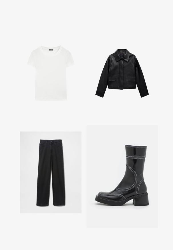 Zwart cropped leren jasje met een kraag, sluiting met voorste knopen en twee grote klepzakken. Vlotte textuur en gestructureerde vorm.; Witte katoenen t-shirt met korte mouwen en een ronde hals, met een zwart merklabel aan de binnenkant van de kraag.; Zwarte denim jeans met een rechte pijp, voorzien van vijf zakken en een ritssluiting, gemaakt van een dikke, duurzame stof.; Zwarte lakleren enkellaars met witte stiksels, ronde neus en blokhak. Kenmerkt zich door gebogen ontwerplijnen en een gladde textuur.