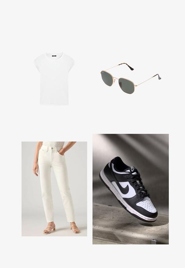 Giubbotto in pelle nera corto con colletto, chiusura frontale con bottoni e due grandi tasche a patta. Texture liscia e forma strutturata.; T-shirt bianca a maniche corte realizzata in cotone morbido, con colletto rotondo e maniche raglan, caratterizzata da un taglio rilassato e dritto senza motivi.; Jeans bianchi a vita alta con taglio dritto, dotati di tasche anteriori, chiusura a bottone e texture in denim liscia. Indossati con sandali leggeri.; Sneaker Nike Dunk Low in bianco e nero con tomaia in pelle, punta perforata e lacci neri, caratterizzata da una suola bianca e dettagli del logo.; Occhiali da sole con montatura in metallo dorato e lenti verde scuro, stile aviator, con aste sottili e dettagli in tartaruga sulle punte.; Borsa a tracolla in pelle trapuntata nera con una catena decorativa. Texture morbida, forma strutturata e silhouette morbida.