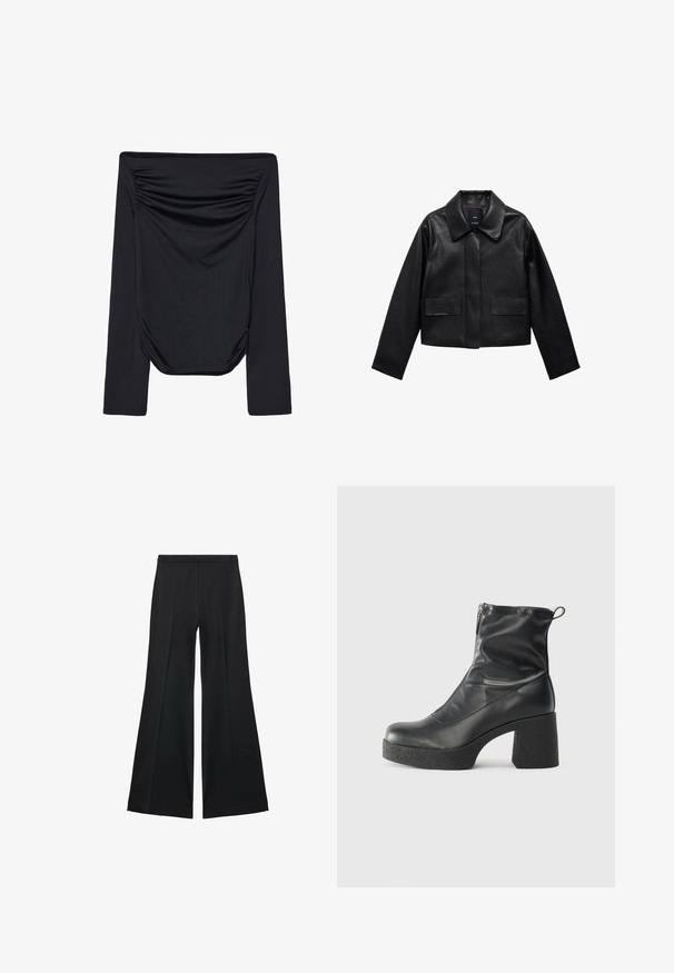 Čierna skrátená kožená bunda s golierom, predným zapínaním na gombíky a dvoma veľkými prekryvnými vreckami. Hladká textúra a štruktúrovaný tvar.; Čierny top s odhalenými plecami a dlhými rukávmi, ktorý má zam gatherovaním na prednej strane a hladkú textúru. Ľahký materiál so priliehavým strihom.; Čierne široké nohavice s hladkou textúrou, s prednými záhybmi a elegantným strihom. Materiál je ľahký a pruhlý.; Čierne členkové topánky z hladkej kože, so bočným zipsom, robustnou textúrovanou pätnou časťou a zaobleným dizajnom špičky.