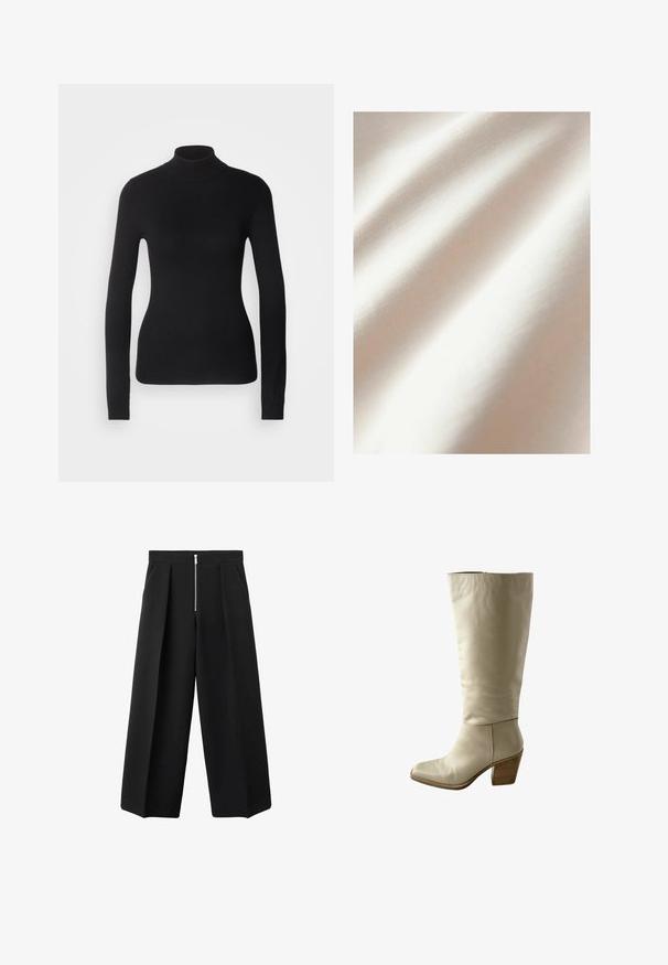 Krämfärgad tyg med en slät textur och subtil lyster, som visar mjuka veck och ett jämnt vävmönster.; Svart polotröja i lättstickat tyg. Har långa ärmar, en figurnära design och en mjuk ribbad textur.; Svarta vida byxor med veck framtill och en synlig silverfärgad dragkedja i midjan, slät front och sidofickor.; Knähöga beige läderstövlar med fyrkantig tå och en staplad träklack. Slät yta med subtila veck, designade för en åtsittande passform.
