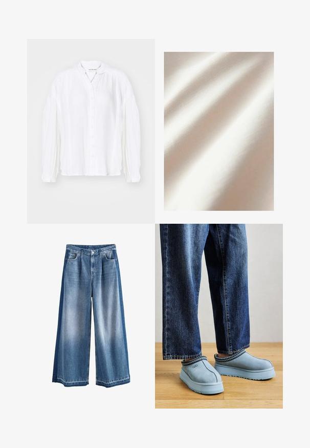 Kreminės spalvos audinys su lygiu paviršiumi ir subtiliu blizgesiu, akcentuojantis švelnias raukšles ir tolygų audimo raštą.; Balta ilgomis rankovėmis marškiniai su klostuotomis tekstūromis ir mandarinų apykakle, pasižymintys laisva prigludimo forma ir subtiliais siuvinėjimo akcentais.; Plati džinsiniai kelnes šviesiai iki vidutinės mėlynos spalvos, su išblukusiu apdaila, tradicinėmis kišenėmis ir mygtukų užsegimu. Tvirti medvilniniai audiniai.; Mėlyni zomšiniai UGG batai be raiščio storais padais, dėvimi su mėlynomis džinsais ant medinio grindų paviršiaus priešais vientisą foną.