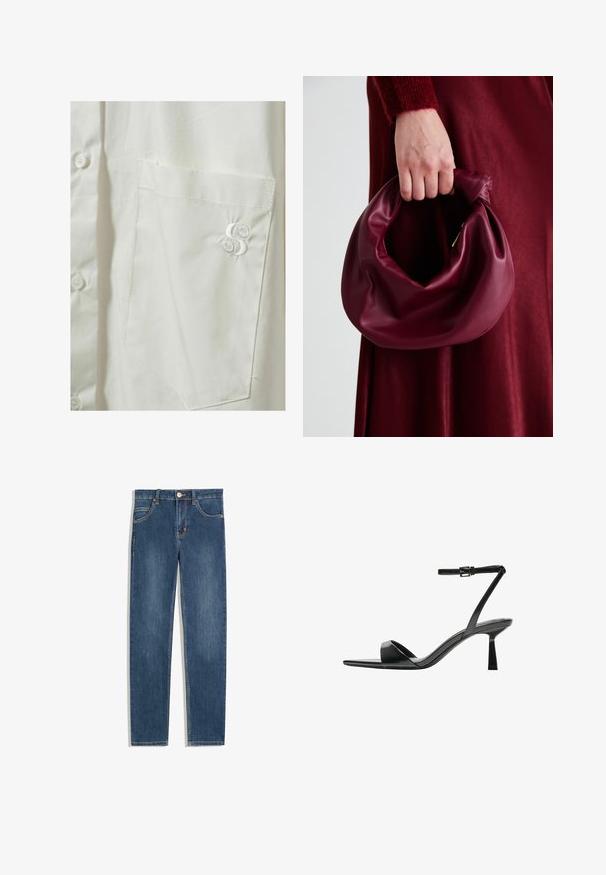 Kremasta tkanina sa glatkom teksturom i suptilnim sjajem, koja prikazuje meke nabore i ravnomjernu strukturu.; Bijela košulja s dugim rukavima, koja ima džep na lijevoj strani grudi, sa suptilnim izvezenim logom u bijelom koncu. Glatka, lagana tkanina.; Tamno plave traperice sa ravnim krojem, pet džepova, suptilnim detaljima u šivanju i metalnim gumbom u struku.; Bershka Sandale s visokom petom - black; Bordo kožni ruksač s mekim, naboranim dizajnom i zaobljenim oblikom. Ručka je sigurno pričvršćena, pokazujući glatku teksturu.