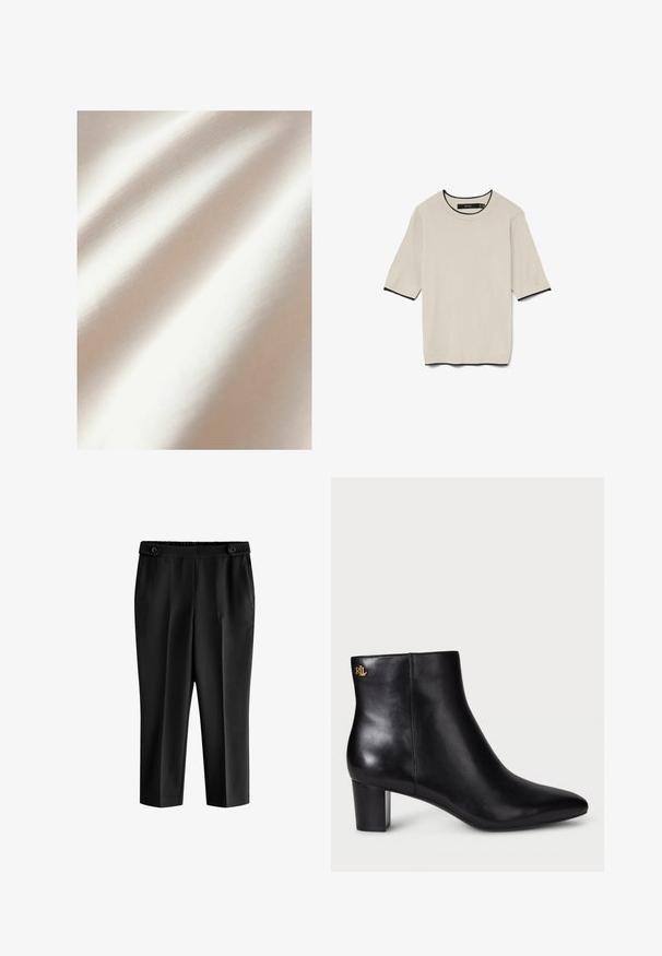 Kremasta tkanina sa glatkom teksturom i suptilnim sjajem, koja prikazuje meke nabore i ravnomjernu strukturu.; Majica kratkih rukava svijetlo bež boje s okruglim izrezom i kontrastnim crnim obrubom oko izreza i rukava, prikazana ravno.; Crne skraćene hlače s opuštenim krojem, elastičnom waistbandom i dva prednja džepa. Tkanina ima glatku teksturu sa blago sjajnim završetkom.; Crne kožne gležnjače s šiljastim vrhom i blok petom. Imaju zlatni logotip na stražnjem dijelu. Glatka tekstura s elegantnim dizajnom.