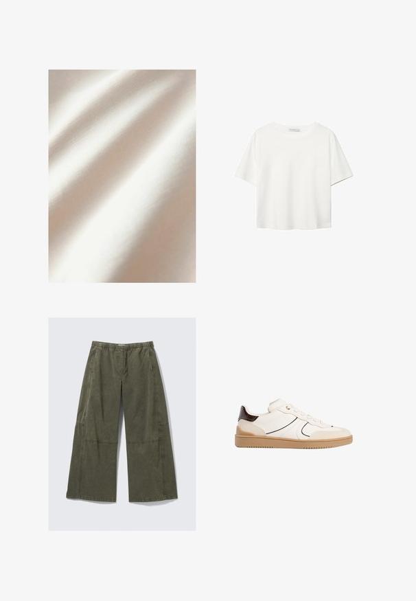 Krémová tkanina s hladkým povrchem a jemným leskem, která předvádí měkké záhyby a rovnoměrný vzor tkaní.; Bílý krátký rukáv tričko vyrobené z bavlny. Má kulatý výstřih a volný střih. Hladký materiál bez viditelných vzorů nebo akcentů.; Kalhoty s širokými nohavicemi z olivově zelené látky, s elastickým pasem, viditelným švěm a volným střihem se bočními švy.; Stradivarius Tenisky - white