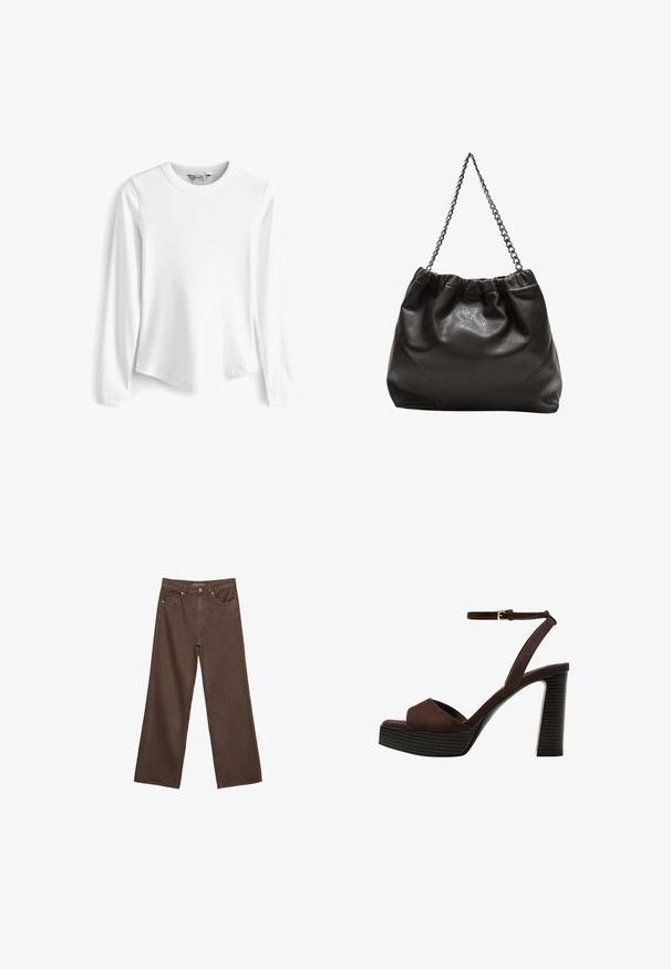 Tessuto color crema con una texture liscia e una leggera lucentezza, che mostra morbide pieghe e un motivo di intreccio uniforme.; T-shirt bianco a maniche lunghe, con collo a giro e orlo arrotondato, dotato di spacchi laterali, realizzato in un morbido tessuto testurizzato.; Jeans a gamba larga marroni in denim, con vita alta, tasche anteriori e chiusura a bottone classica. Tessuto liscio con cuciture sottili.; Sandal in camoscio marrone con tacco alto, punta aperta, cinturino alla caviglia regolabile e suola a piattaforma striata.; Borsa in pelle marrone con parte superiore arricciata e tracolla a catena. Texture liscia con finitura lucida e dettagli di cucitura sottili sui lati.