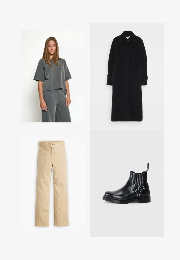 Samsøe Samsøe ALMA COAT - Klassinen takki - salute; Harmaa lyhythihainen t-paita pyöreällä kaula-aukolle, jossa on lyhyet hihat ja teksturoitu kangas, jossa on ripoteltuja valkoisia pilkkuja. Yhdistetty samaan sävyyn löysiin housuihin.; Beige, straight-leg housut, jotka on valmistettu puuvillasekoitteista kankaasta, varustettuna nappikiinnityksellä ja tavallisilla taskuilla edessä ja takana.; Mustat nahkaiset nilkkurit, joissa on uurretut elastiset sivut, metallinen solki ja teksturoitu pohja paremman pidon saavuttamiseksi.