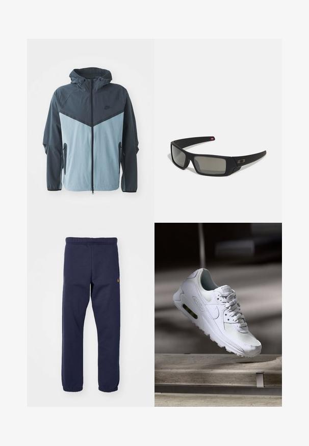 Windbreaker-Jacke mit Kapuze, vorderem Reißverschluss, dunkelblauem und hellblauem Blockdesign sowie seitlichen Reißverschlusstaschen.; Schwarzer Sweatshirt mit Rundhalsausschnitt, langen Ärmeln und gerippten Bündchen. Verfügt über ein kleines weißes Nike-Logo auf der Brust. Weiche Textur.; Dunkelblaue Jogginghose mit elastischem Bund, gerippten Bündchen und einem kleinen Logo-Detail auf der linken Seite. Hergestellt aus weichem, dehnbarem Stoff.; Weiße Nike Air Max 90 Sneaker mit einem Obermaterial aus Mesh und Leder, durchlässigem Zehenbereich und einer sichtbaren Air-Einheit in der Ferse.; Schwarze Sonnenbrille mit matter Oberfläche, rechteckigen Gläsern, leichtem Bogen an den Schläfen, dezentem Logo-Detail und rauchgetönten Gläsern.