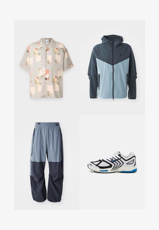 Windbreaker-Jacke mit Kapuze, vorderem Reißverschluss, dunkelblauem und hellblauem Blockdesign sowie seitlichen Reißverschlusstaschen.; Kurzarm-Hemd mit Knöpfen in Hellgrau, mit bunten bedruckten Einsätzen, die florale Muster und Vögel zeigen. Mit einer Brusttasche und weichem Material.; Locker sitzende, zweifarbige Outdoor-Hosen mit einem hellblauen oberen Bereich und einem dunkelblauen unteren Bereich, ausgestattet mit einem Kordelzugbund und Seitentaschen.; Weißer Sportschuh mit schwarzen Akzenten, Netzpaneelen und blauen Details. Verfügt über eine strukturierte Sohle und schlanke Designlinien.