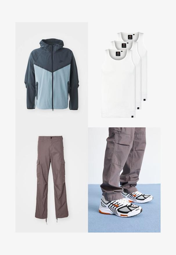 Vindjacka med huva, framdragkedja, mörkblå och ljusblå färgblockdesign samt sidofickor med dragkedja.; Tre vita ribbade linnen i bomull. Har rund halsringning och små svarta etiketter vid fållen. Finns i flera storlekar.; Cargo byxor i en strukturerad taupe-tyg, med flera sidofickor, rak bendesign och justerbara remmar vid nederkant.; Vita löparskor med svarta accenter och orange detaljer, med en mesh-överdela och kontrasterande gummisulor, tillsammans med grå cargobyxor.