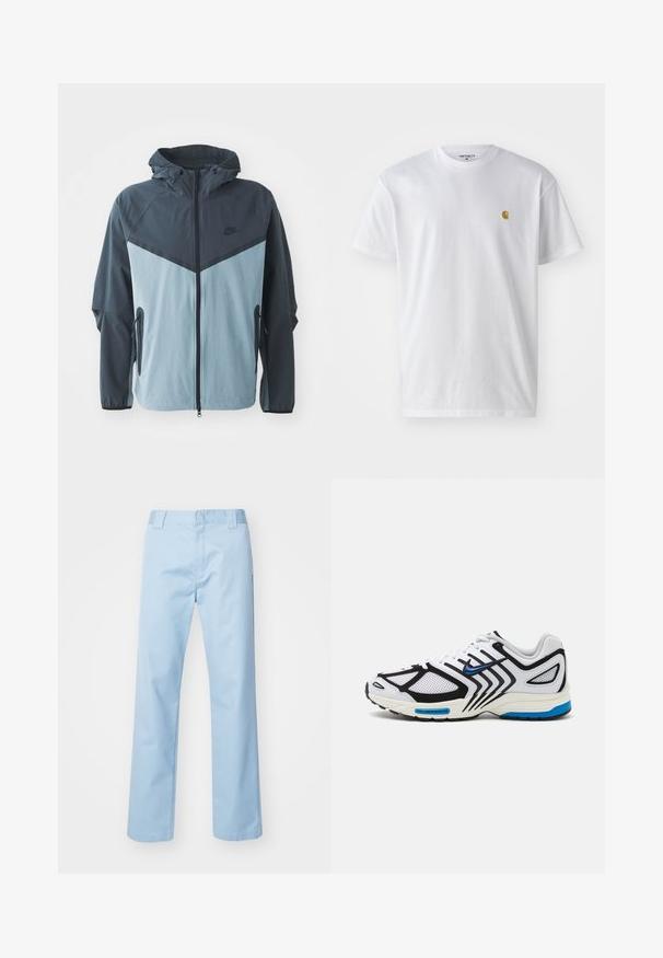 Vėjara su gobtuvu, priekiniais užtrauktukais, tamsiai mėlyna ir šviesiai mėlyna spalvų blokų dizainu bei šoninėmis užtrauktukinėmis kišenėmis.; Balta medvilnės marškinėliai su trumpomis rankovėmis, apvalia iškirpte, kuriuose kairėje krūtinės pusėje yra mažas auksinis logotipas. Minkšta tekstūra ir reguliari forma.; Šviesiai mėlyni tiesūs kelnių modeliai, pagaminti iš medvilnės ir poliesterio mišinio. Su plokščiu priekiu ir šonuose esančiomis kišenėmis, be matomų raštų ar papuošimų.; Baltas sportinis batelis su juodais akcentais, tinkleliais ir mėlynomis detalėmis. Ypatybėms priskiriamas tekstūruotas padas ir elegantiškos dizaino linijos.