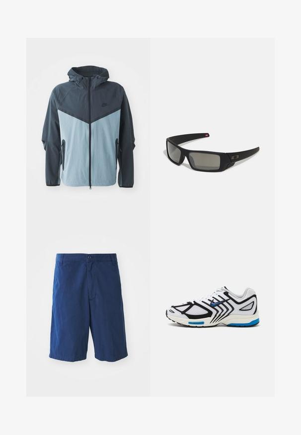 Jaqueta corta-vento com capuz, fecho éclair frontal, design em blocos de cores azul escuro e azul claro, e bolsos laterais com fecho éclair.; Camisola de desporto preta de manga curta com acentos amarelos e logótipo circular "90". Apresenta um colarinho verde e tecido texturizado.; Calções de algodão azul-marinho com fecho de botão na frente, bolsos laterais e corte reto, apresentando uma textura suave e sem padrões visíveis.; Sapatilha atlética branca com detalhes pretos, painéis de malha e pormenores azuis. Possui uma sola texturizada e linhas de design elegantes.; Óculos de sol pretos com acabamento mate, lentes retangulares, leve curvatura nas hastes, detalhe sutil do logo e lentes de cor fumada.